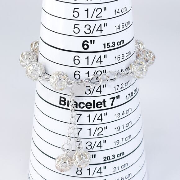 Estate Sterling Silver 925 Filigree Ball Link Bracelet 7.5” - Picture 5 of 6